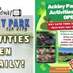 HometownTV Placard with logo, images of putt-putt golf, carousel, and train