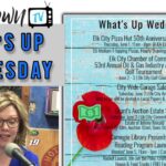 HometownTV Placard with logo, Julie Brewer in Kool 94 studio wearing a blue shirt, list of events